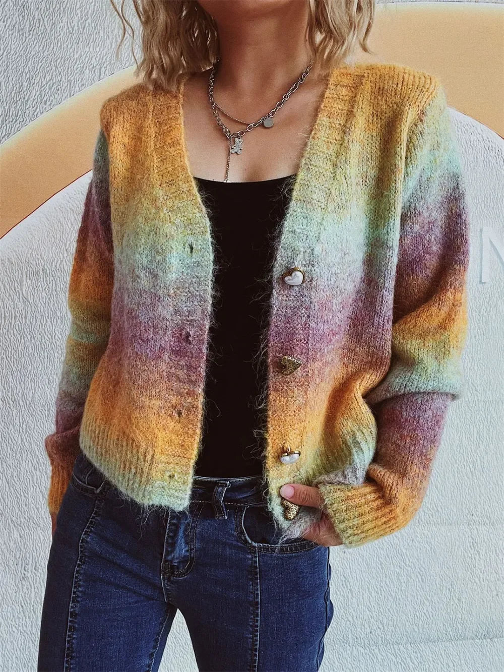 Heart Shape Button Front V-Neck Cardigan With Stretch - Southern Shores Clothing