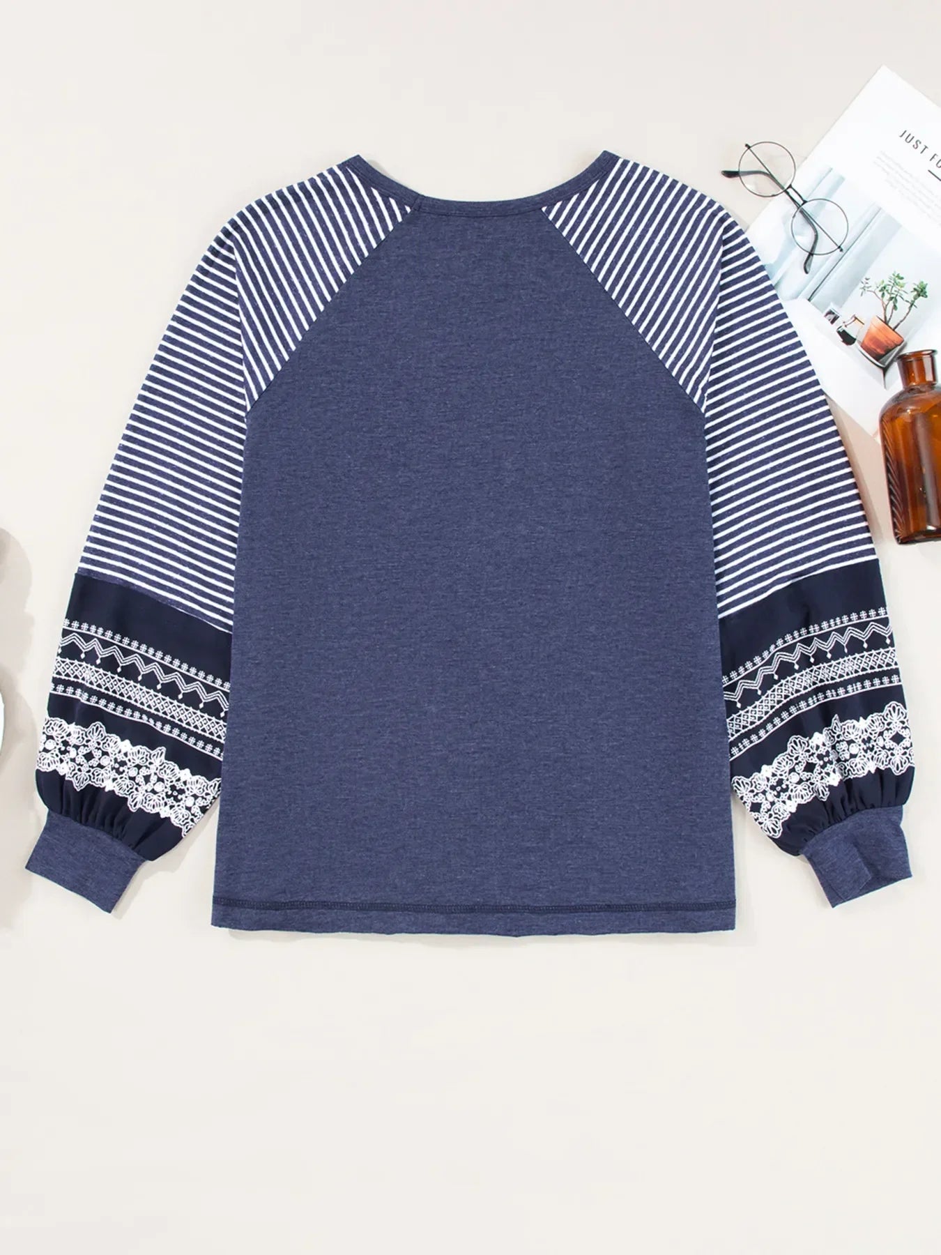 Contrast Print Striped Raglan Long Sleeve Loose Top - Southern Shores Clothing