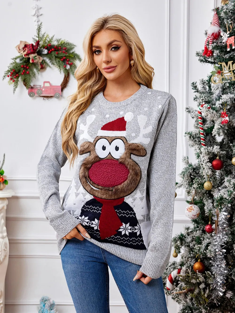 Southern Shores Women's Reindeer Round Neck Long Sleeve Sweater