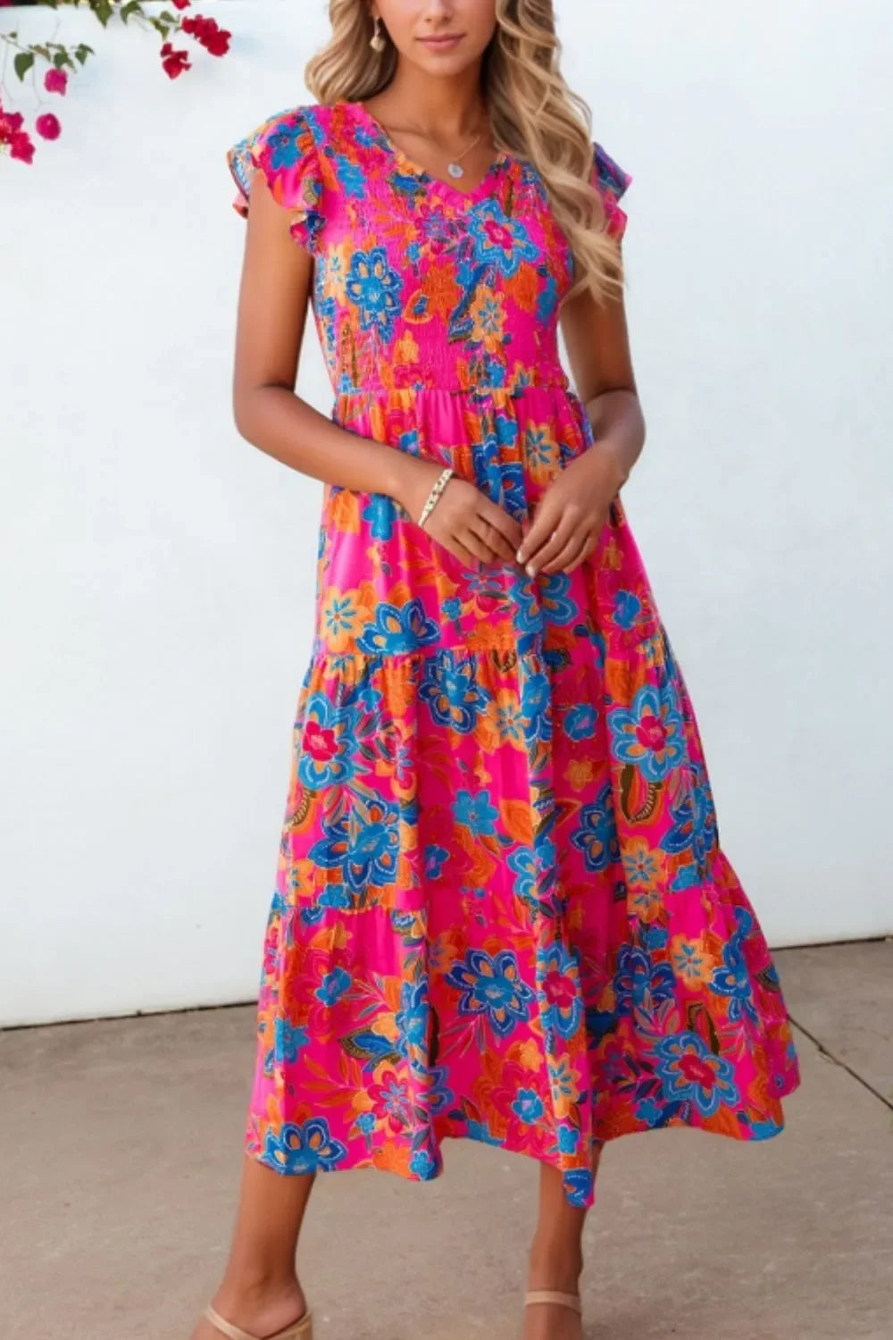 Boho Floral V-Neck Ruffle Tiered Flutter Sleeve Maxi Dress - Southern Shores Clothing