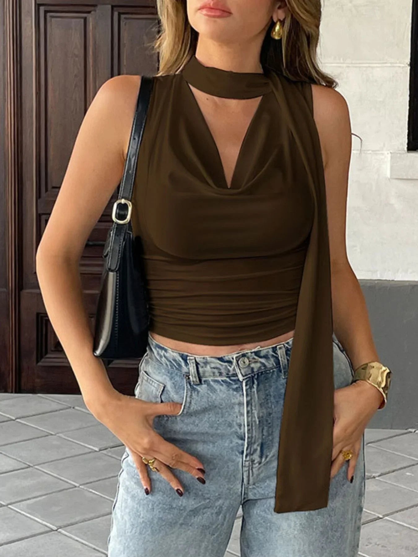 Ruched Cowl Neck Cami Top With Slight Stretch Slim Fit Silhouette - Southern Shores Clothing