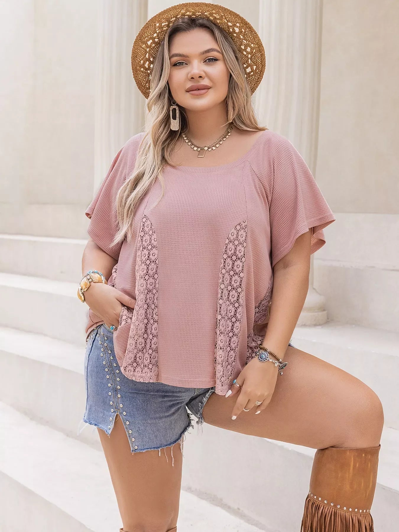 Plus Size Lace Detail Round Neck Short Sleeve T-Shirt - Southern Shores Clothing