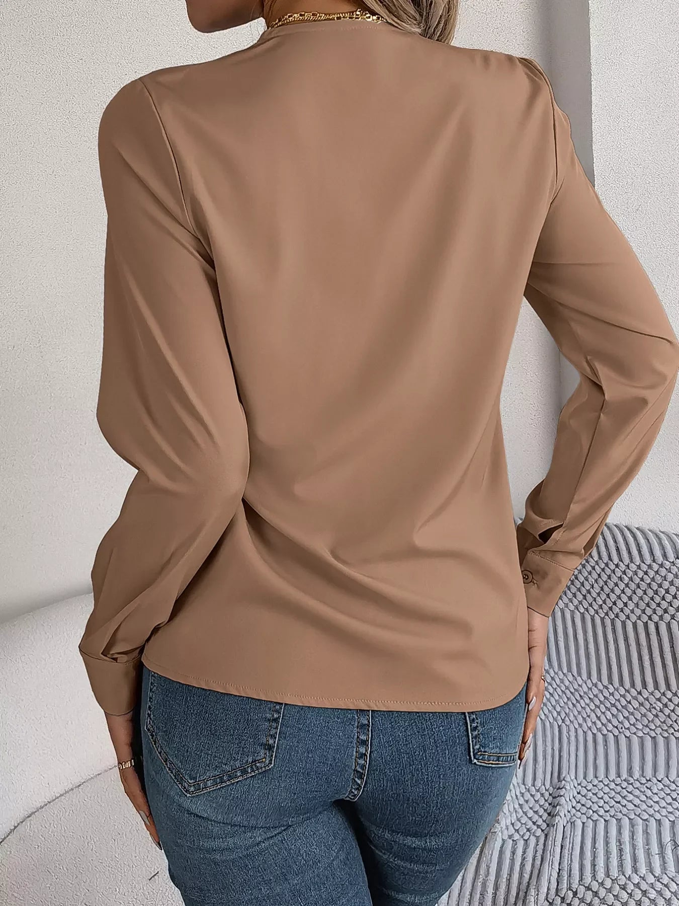 Layered V-Neck Long Sleeve Polyester Blouse - Southern Shores Clothing