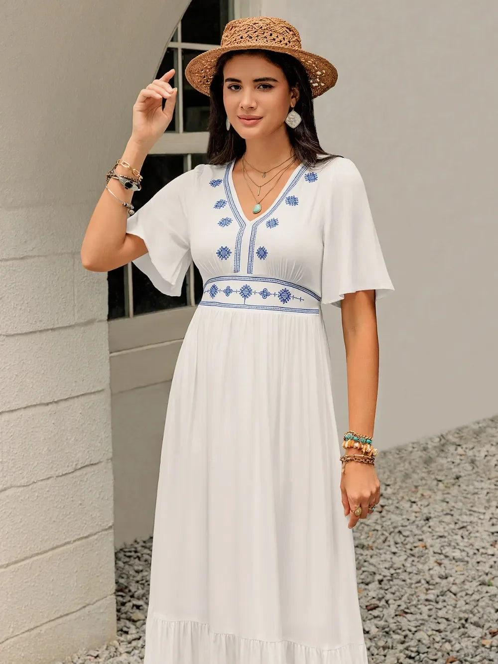Ruffled Hem V Neck Flutter Sleeve Dress With Embroidered Trim - Southern Shores Clothing