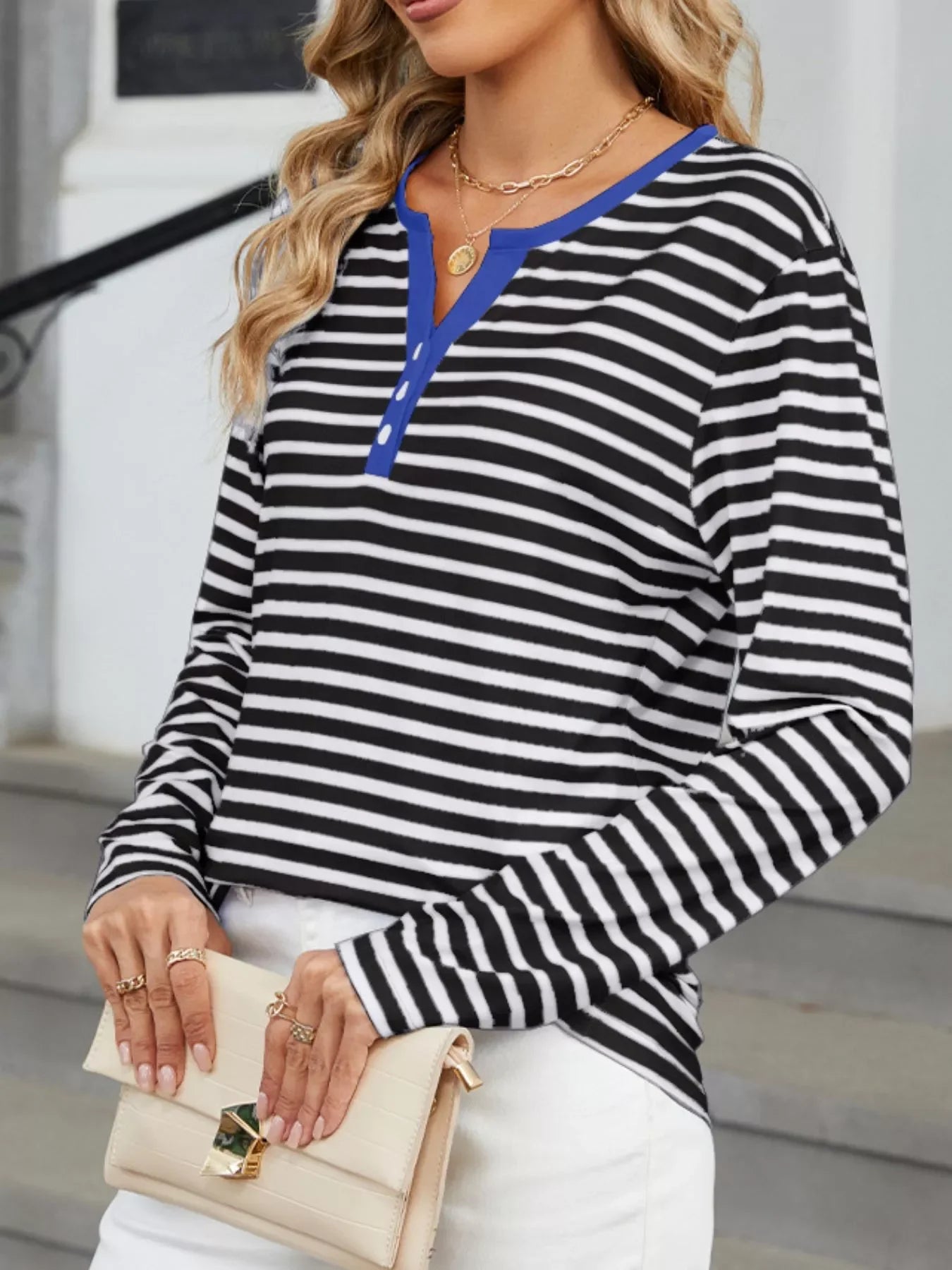 Striped Long Sleeve Henley T-Shirt - Southern Shores Clothing