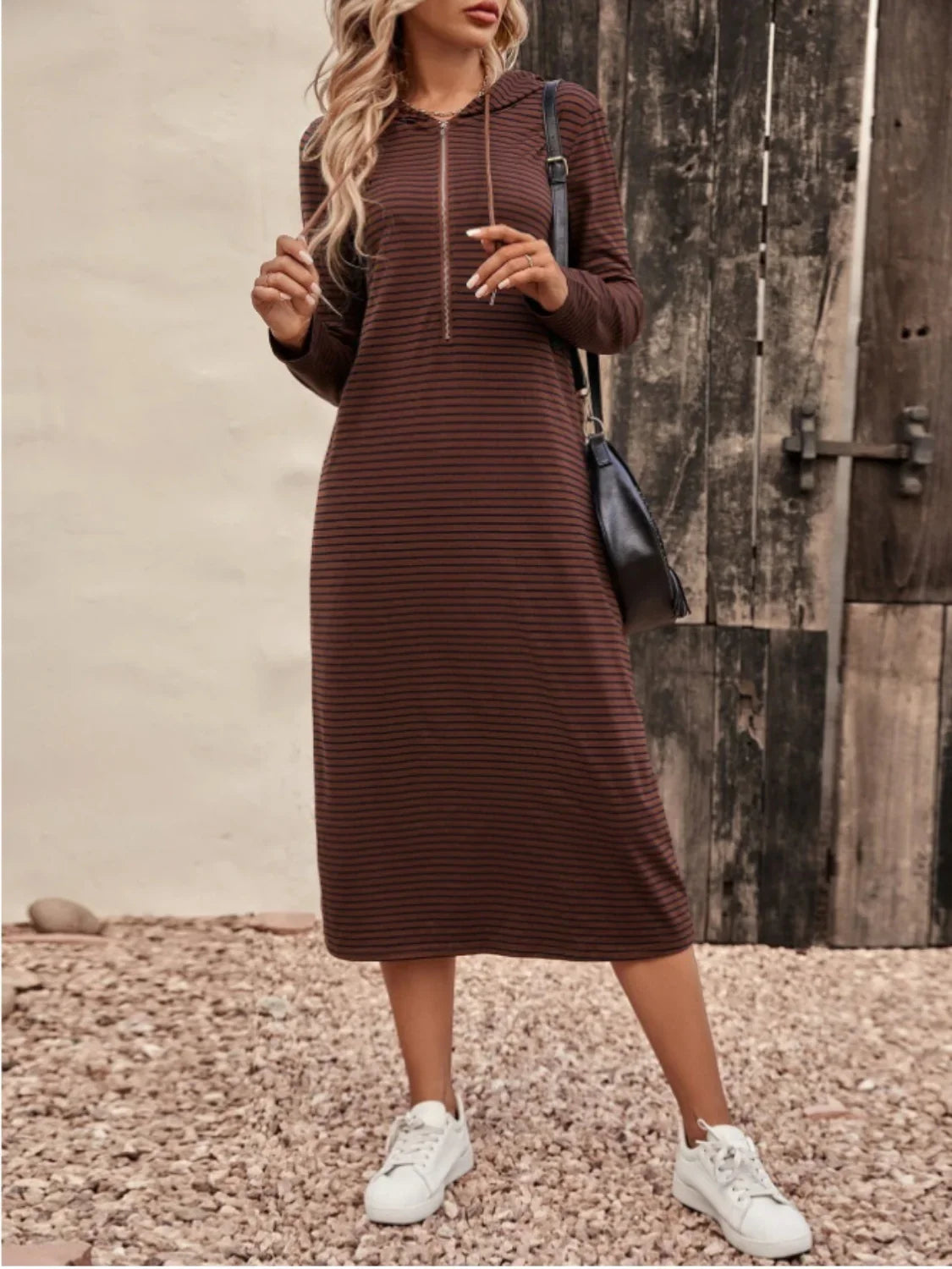 Striped Zip Front Hooded Dress - Southern Shores Clothing