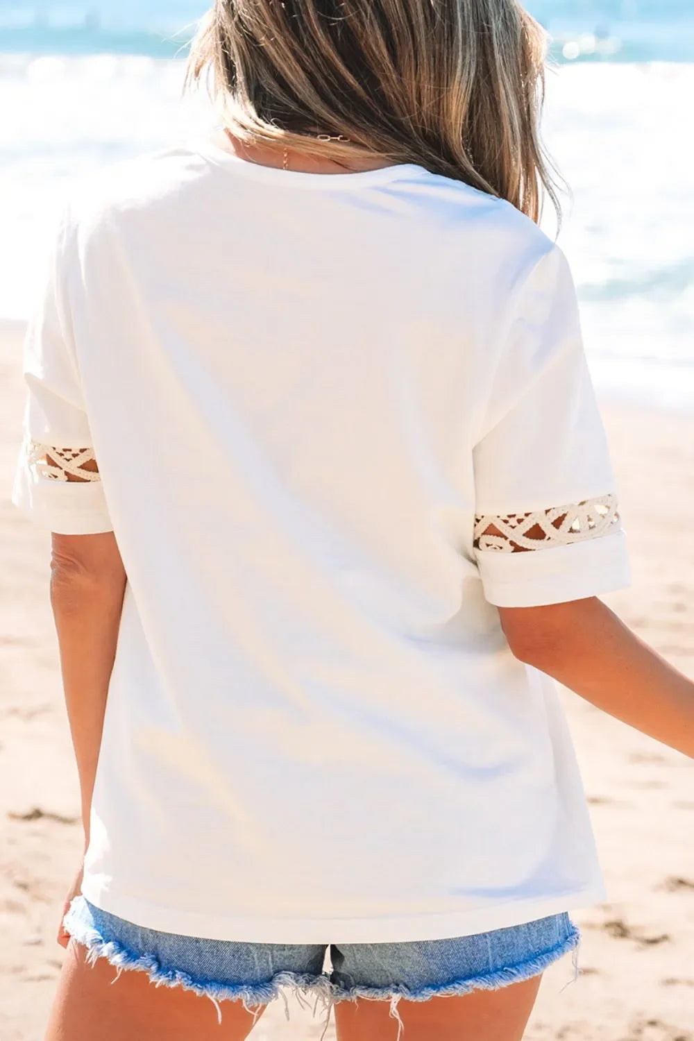 Lace Crochet Crew Neck Casual Tee For Everyday Wear - Southern Shores Clothing