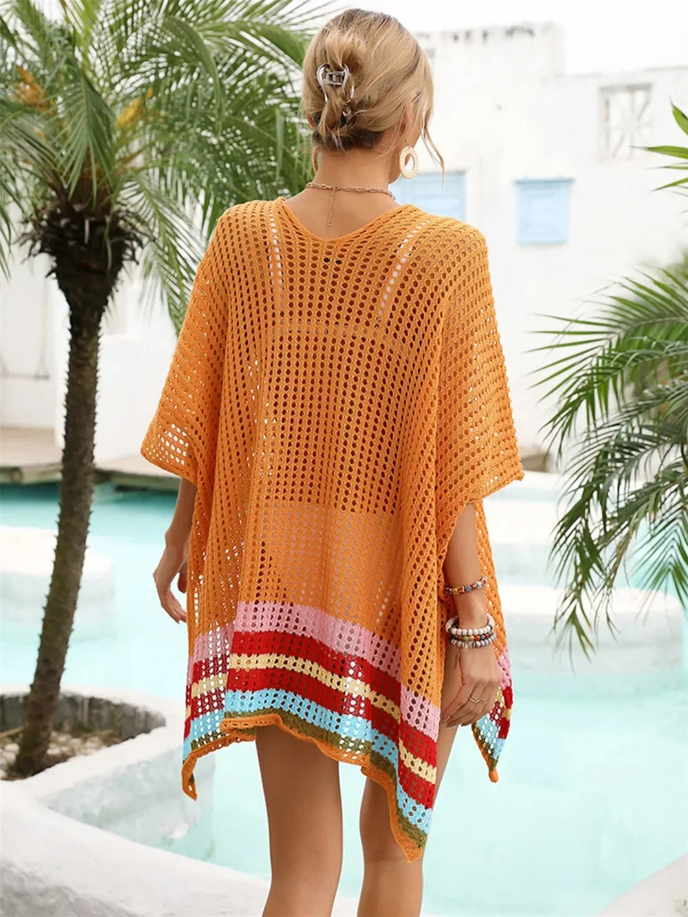 Slit Openwork V-Neck Half Sleeve Cover-Up One Size - Southern Shores Clothing