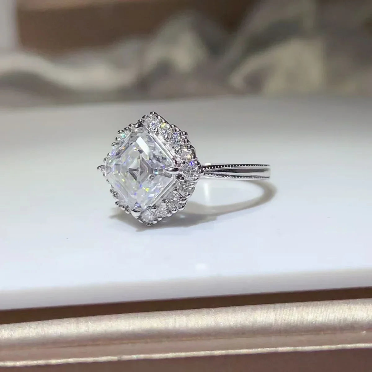 Cushion Cut Moissanite Ring 3 Carat Halo 925 Sterling Silver - Southern Shores Clothing
