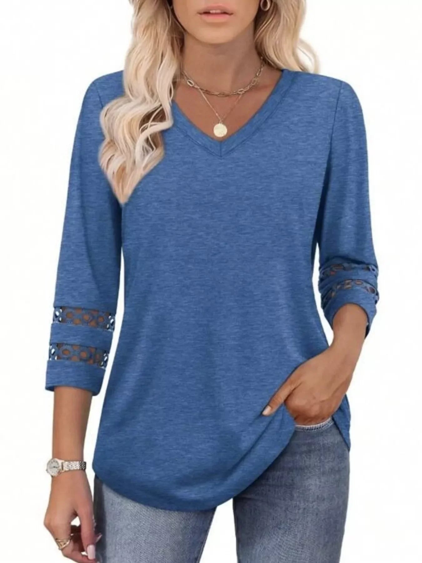Full Size V-Neck 3/4 Sleeve T-Shirt Plus Size - Southern Shores Clothing