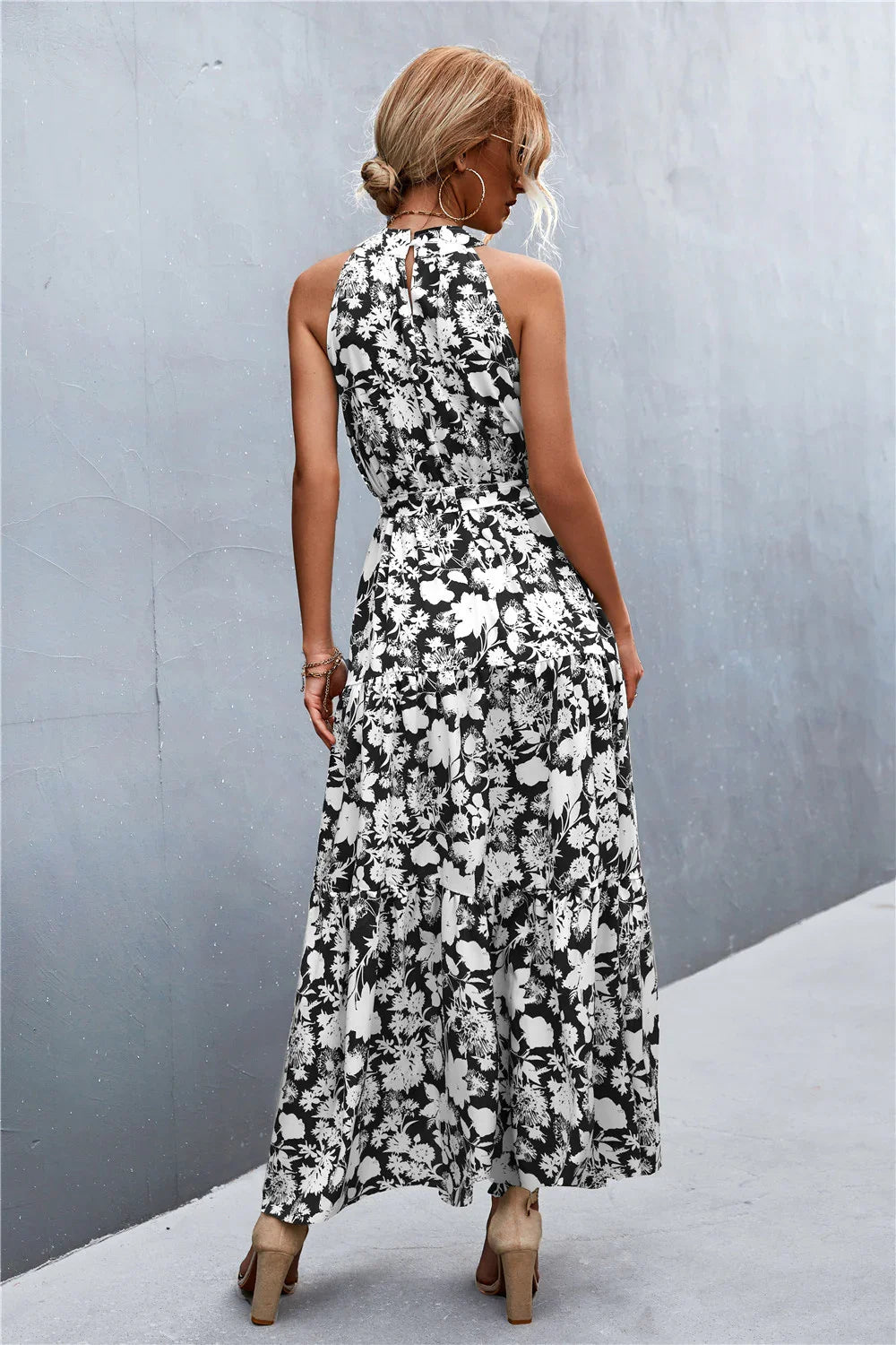 Printed Sleeveless Tie Waist Maxi Dress Polka Dot - Southern Shores Clothing