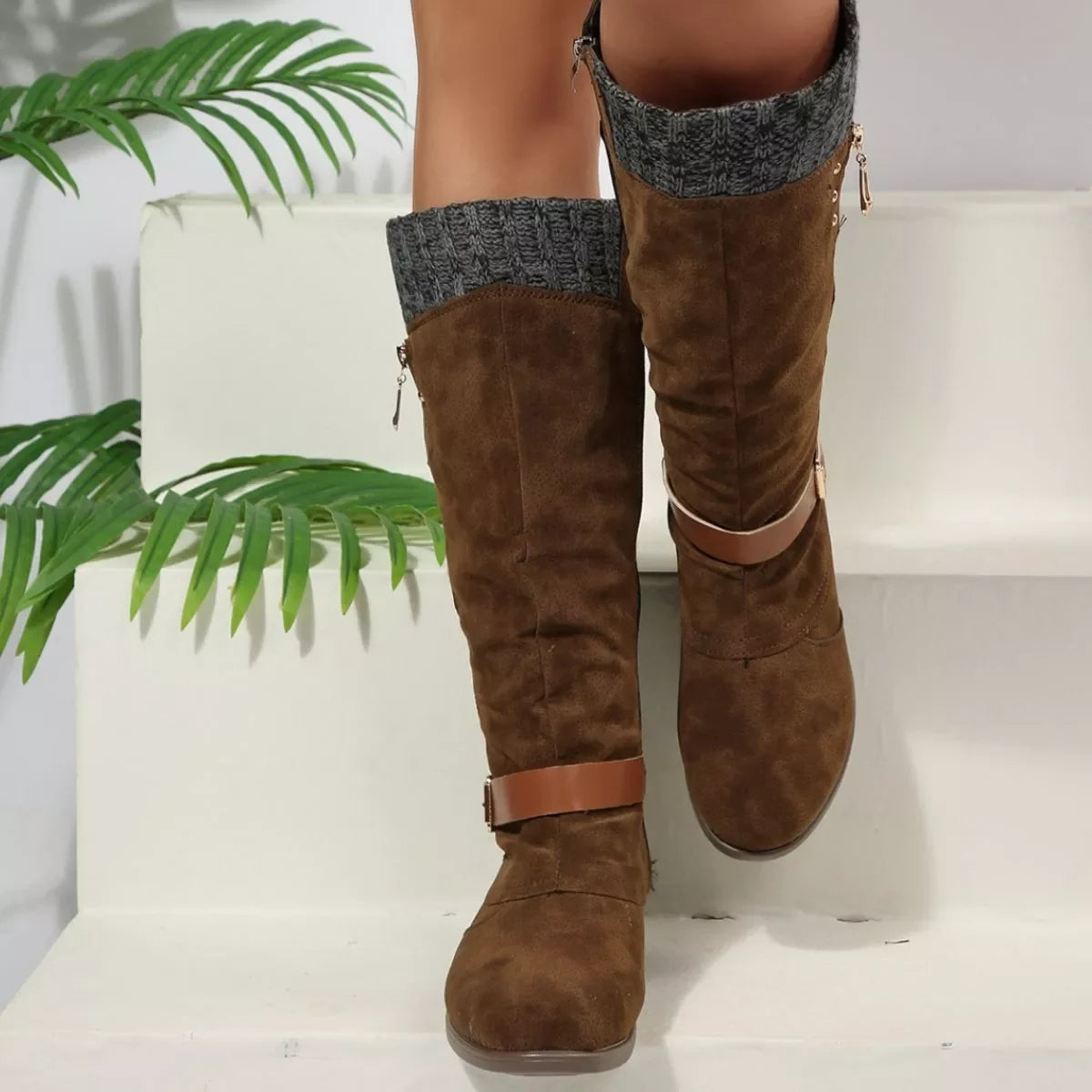 Round Toe Block Heel Boots Suede Rubber Casual
