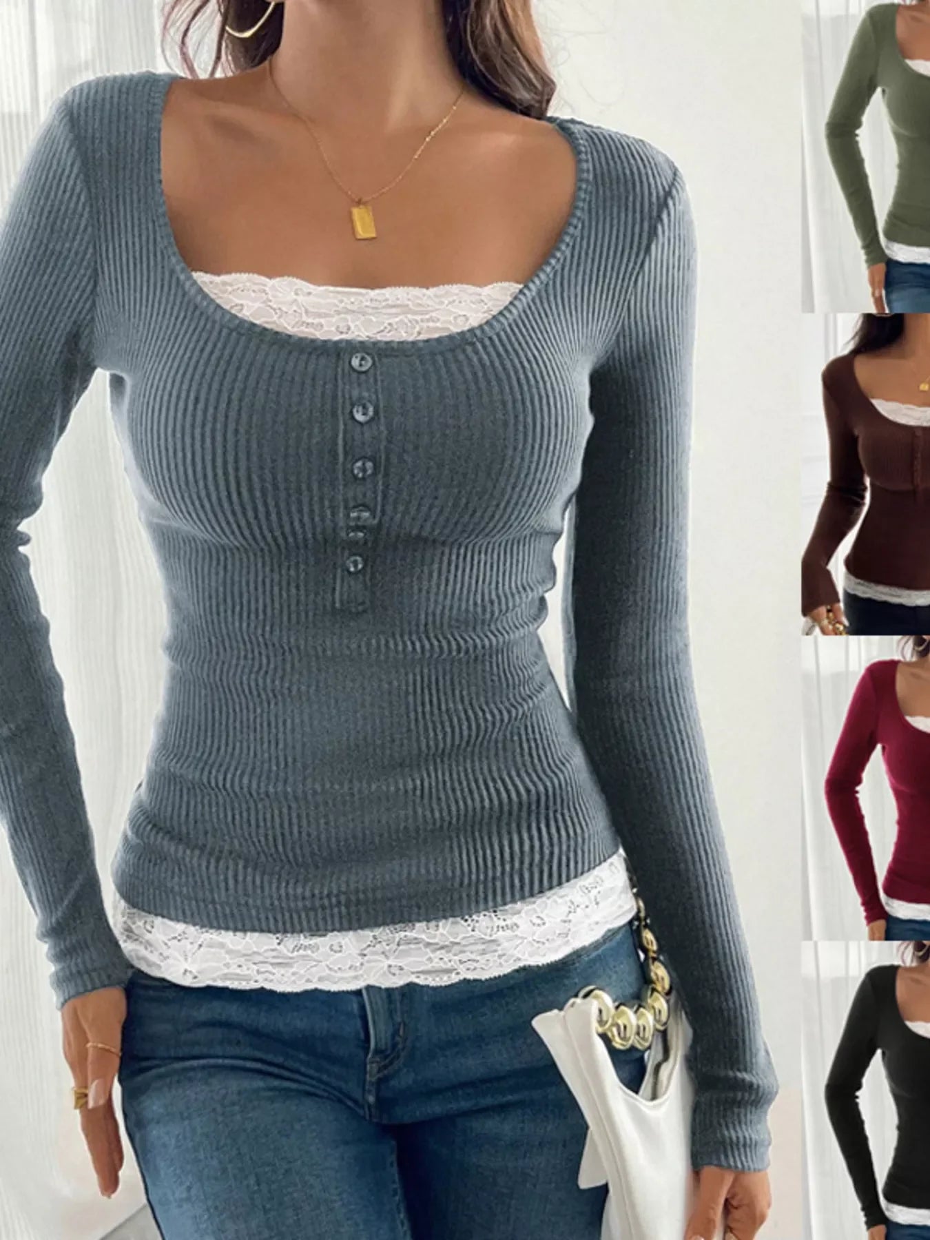 Lace Detail Long Sleeve Ribbed Top - Southern Shores Clothing