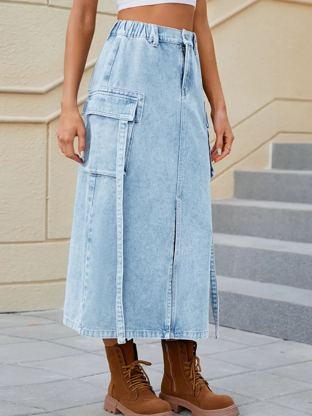 High Waist Denim Skirt With Slit And Pockets - Southern Shores Clothing
