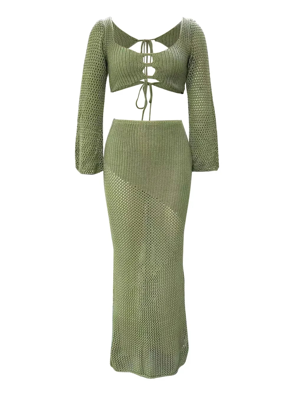 Crochet Tie Front Long Sleeve Top And Maxi Skirt Two Piece Set - Southern Shores Clothing