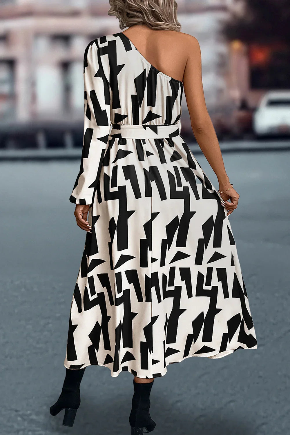 Printed One-Shoulder Tie Waist Dress - Southern Shores Clothing
