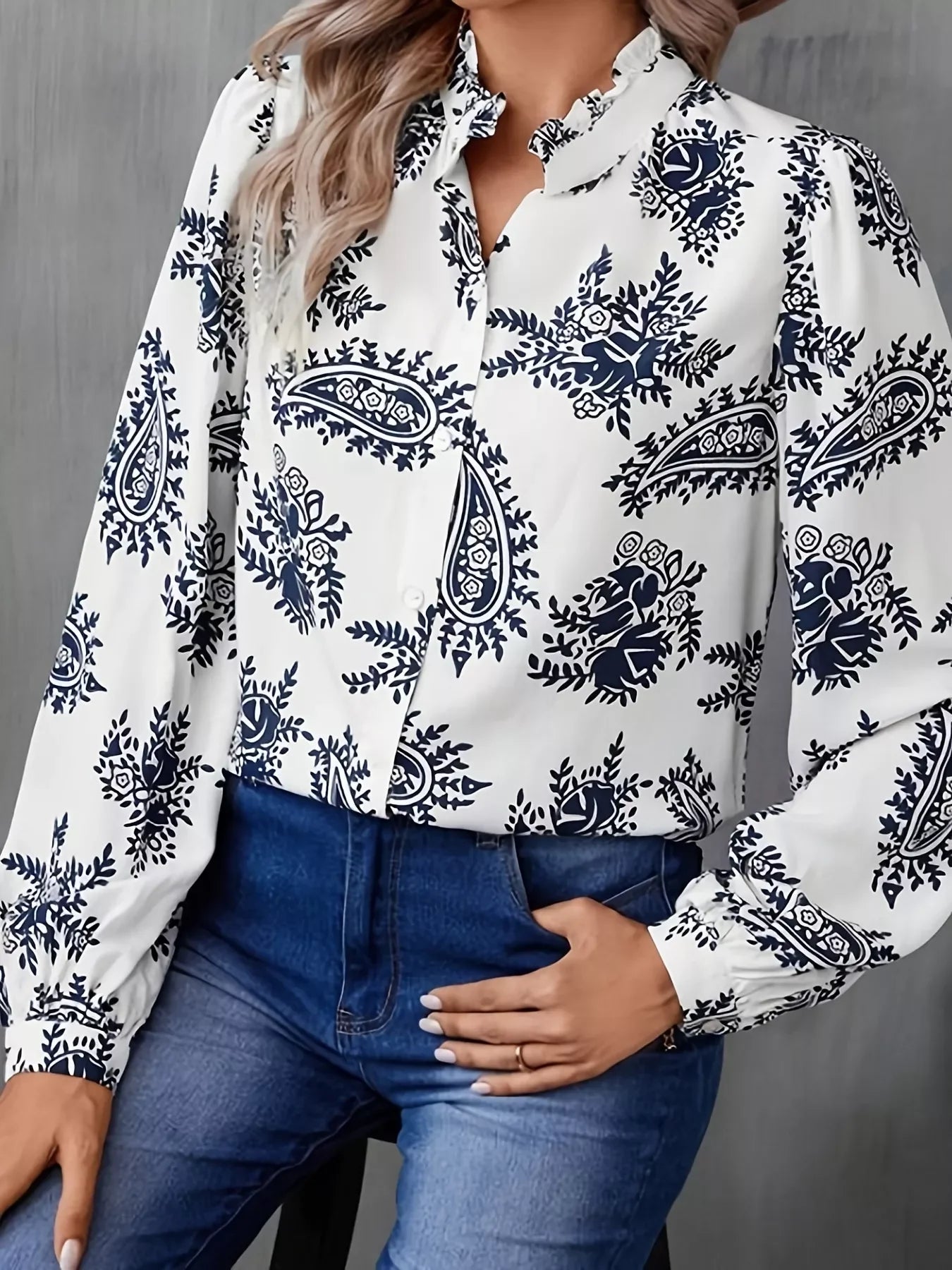 Paisley Print Button Up Shirt With Frill Collar Long Sleeves - Southern Shores Clothing