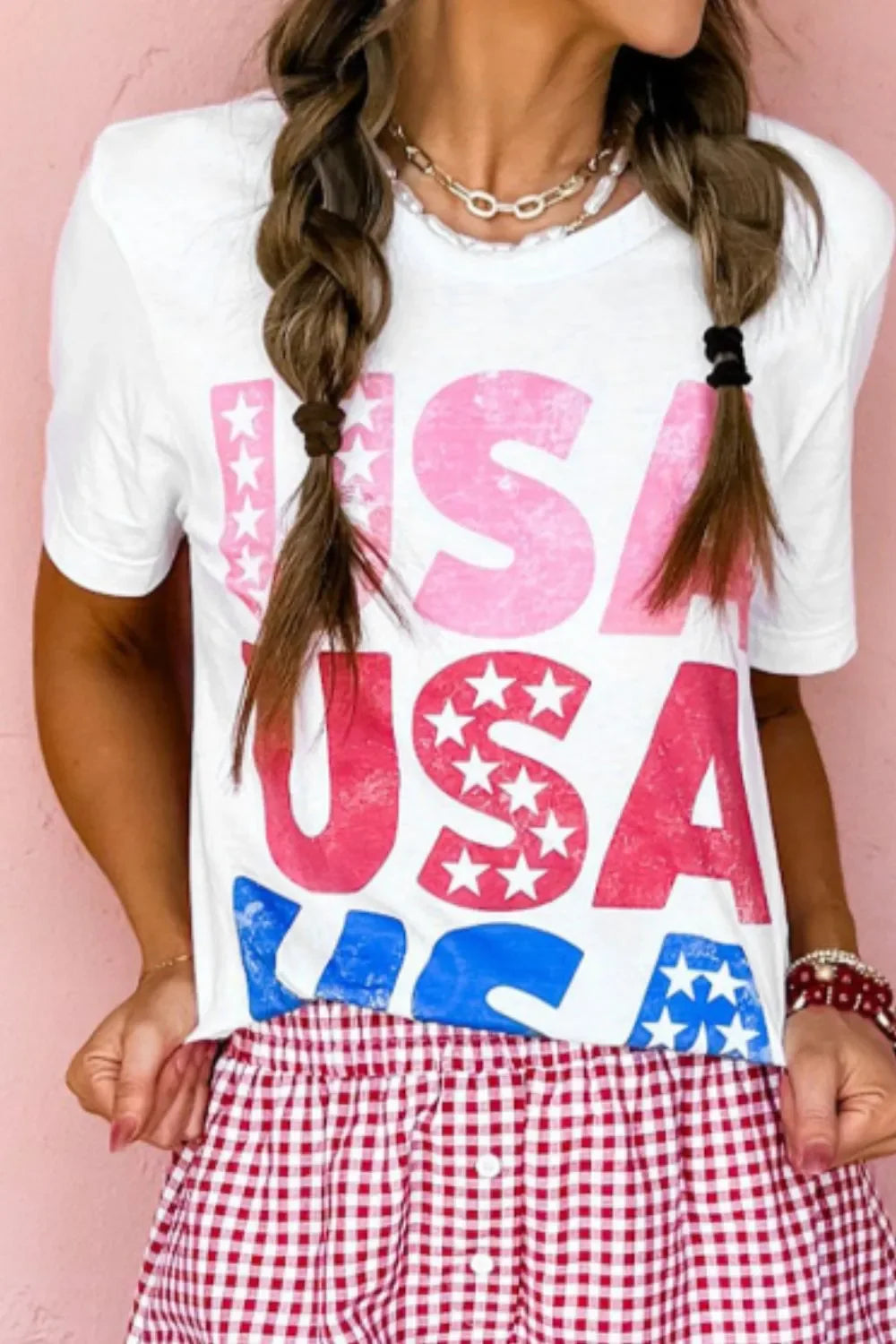 Letter Graphic Round Neck Short Sleeve T Shirt With Stretch - Southern Shores Clothing