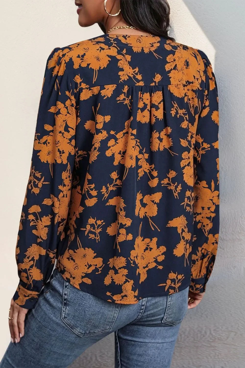 Printed Notched Long Sleeve Polyester Blouse - Southern Shores Clothing