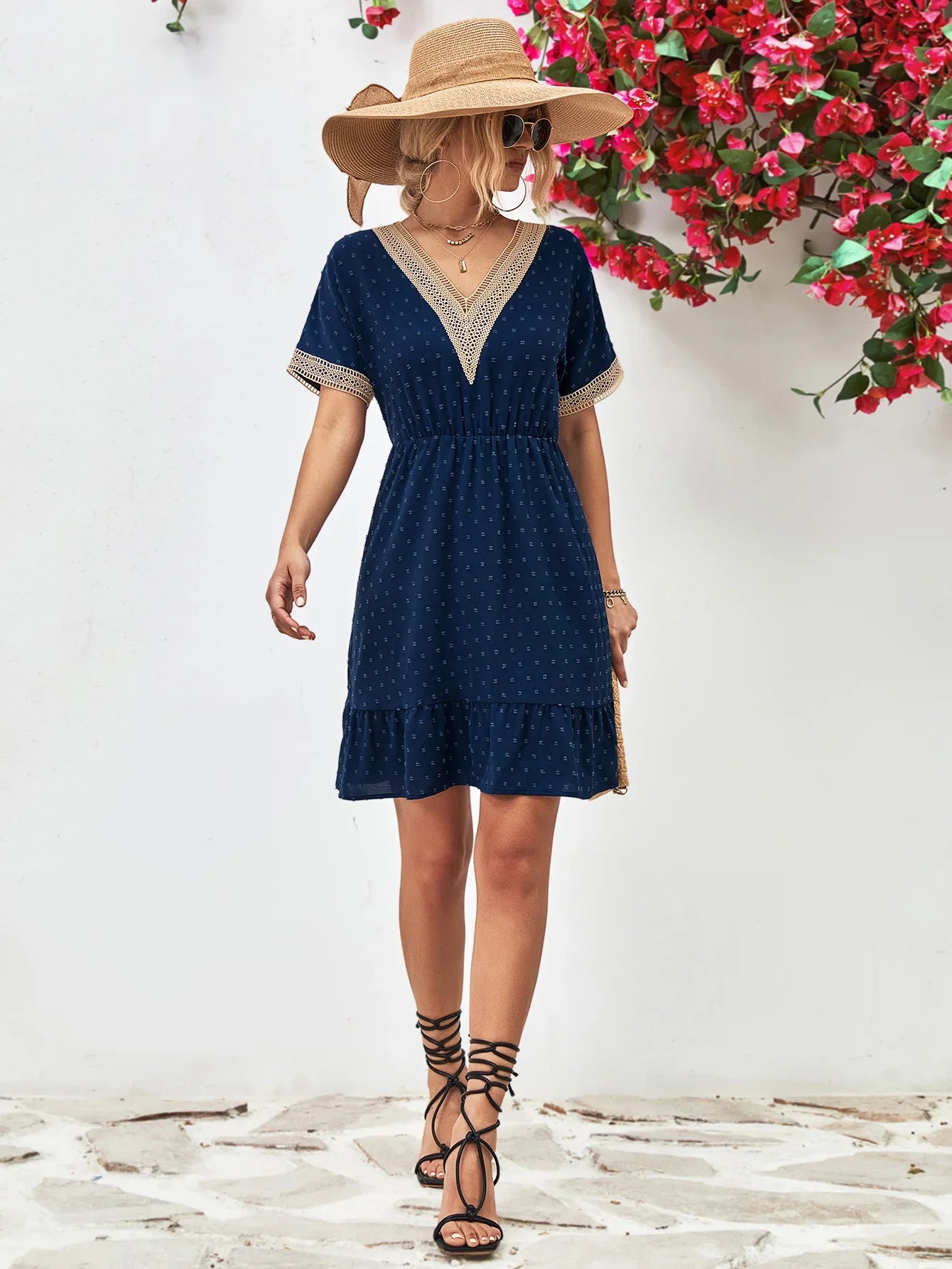 Contrast V-Neck Short Sleeve Mini Dress - Southern Shores Clothing