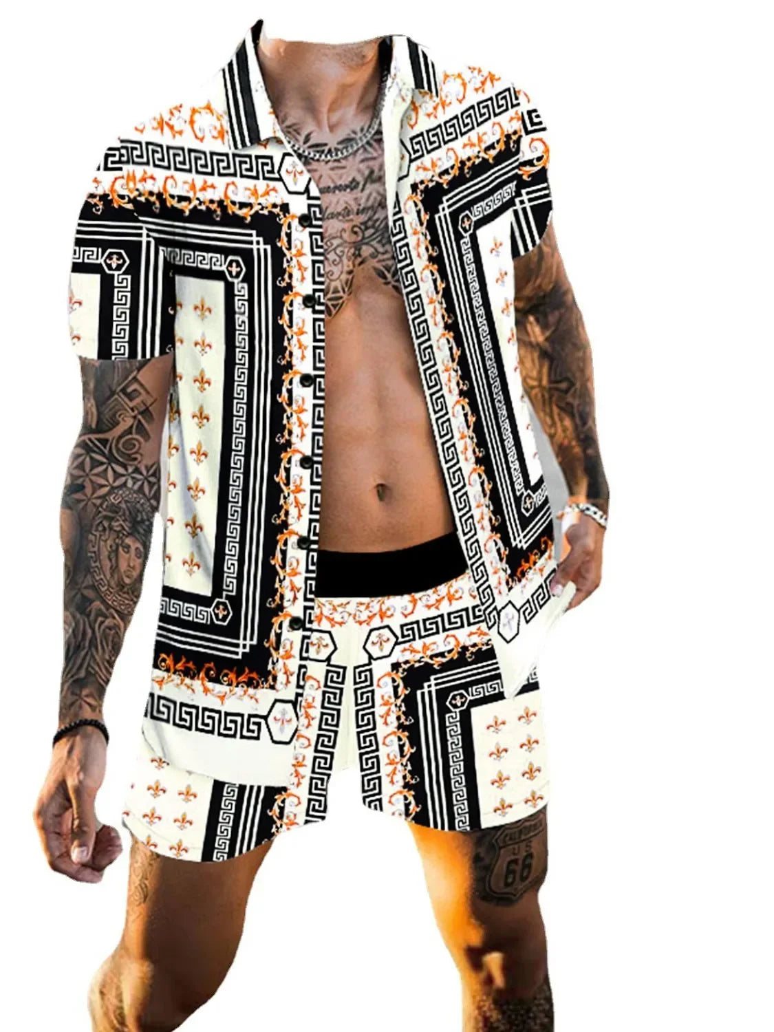 Men's Full Size Printed Collared Neck Short Sleeve Top and Shorts Set Plus Size - Southern Shores Clothing