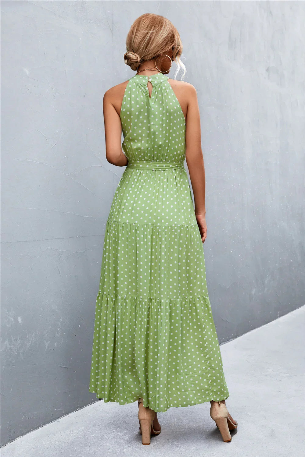 Printed Sleeveless Tie Waist Maxi Dress Polka Dot - Southern Shores Clothing