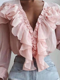 Elegant Ruffled V Neck Long Sleeve Polyester Blouse - Southern Shores Clothing