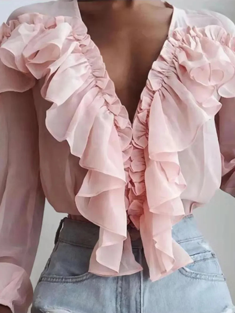 Elegant Ruffled V Neck Long Sleeve Polyester Blouse - Southern Shores Clothing