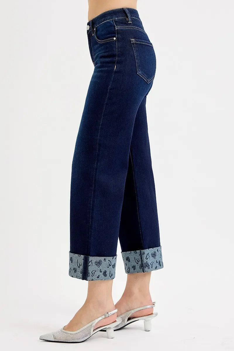 Crop Wide Jeans With Printed Cuff Plus Size - Southern Shores Clothing