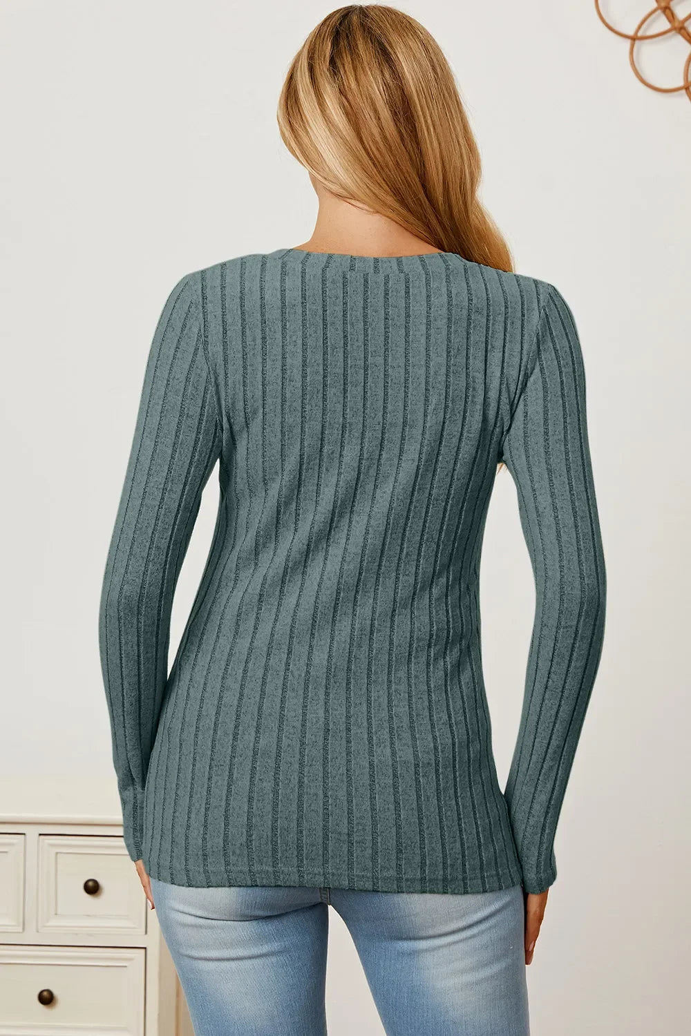 Classic Ribbed V-Neck Long Sleeve Knit Tee Top - Southern Shores Clothing