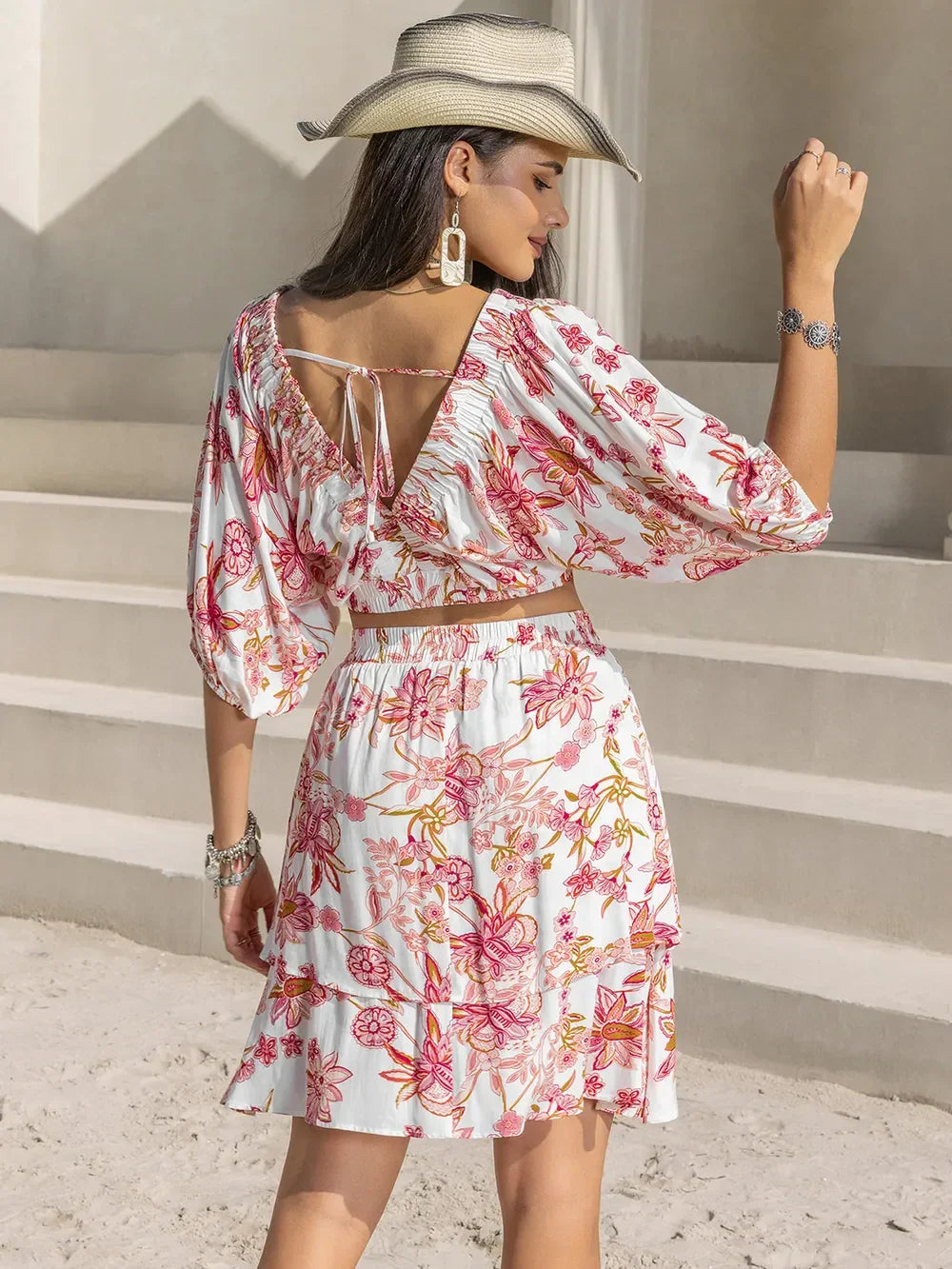 Floral Print Two Piece Half Sleeve Top and Layered Skirt Set - Southern Shores Clothing