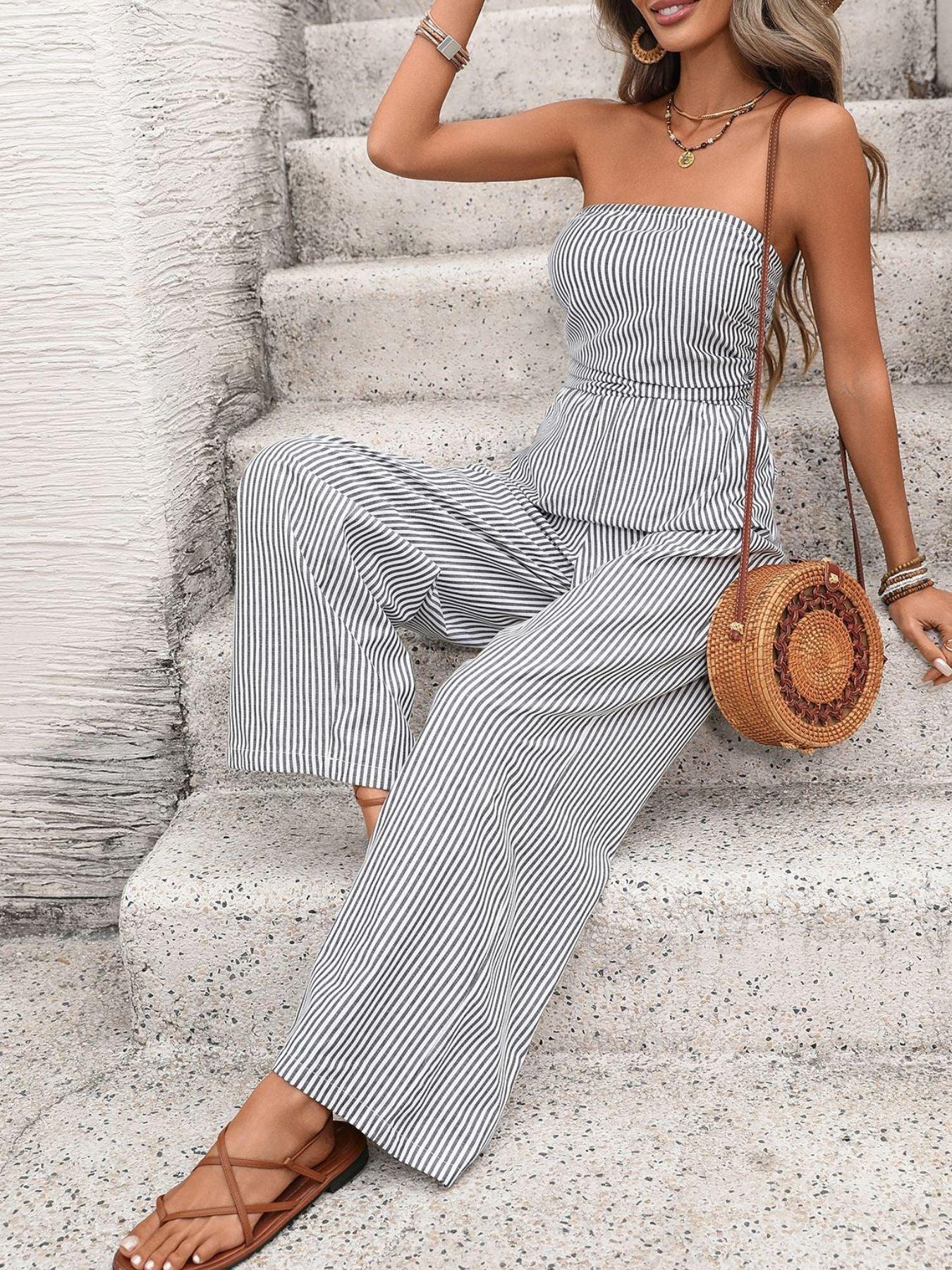 Striped Strapless Wide Leg Jumpsuit With Pockets - Southern Shores Clothing