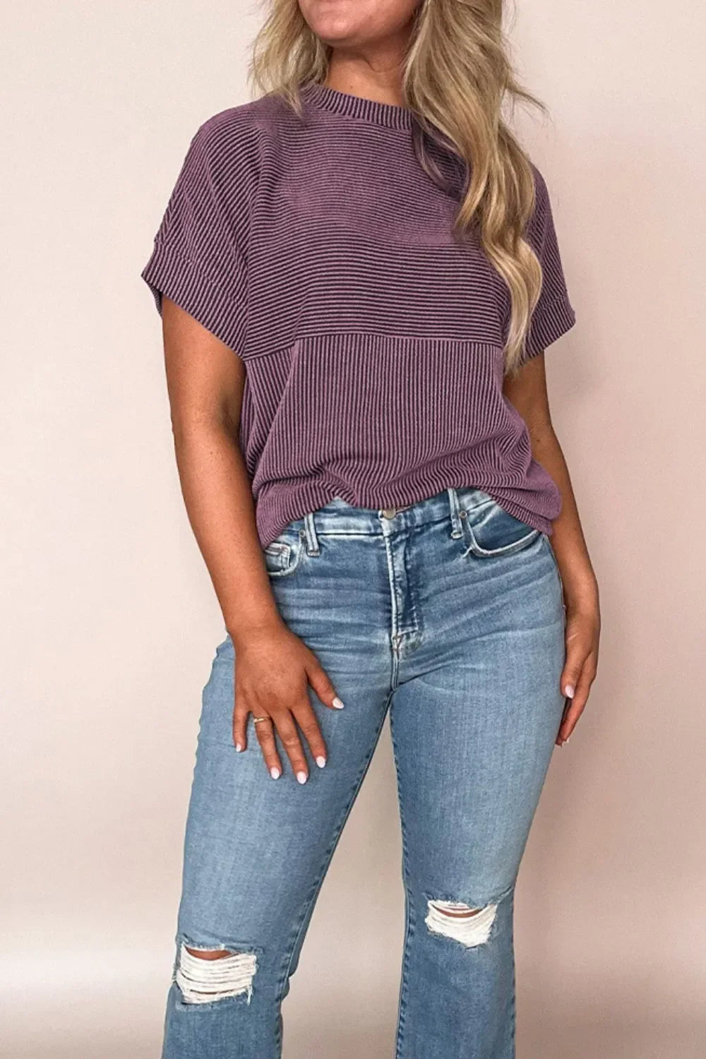 Corded Knit Mock Neck Short Sleeve T Shirt With Stretch - Southern Shores Clothing
