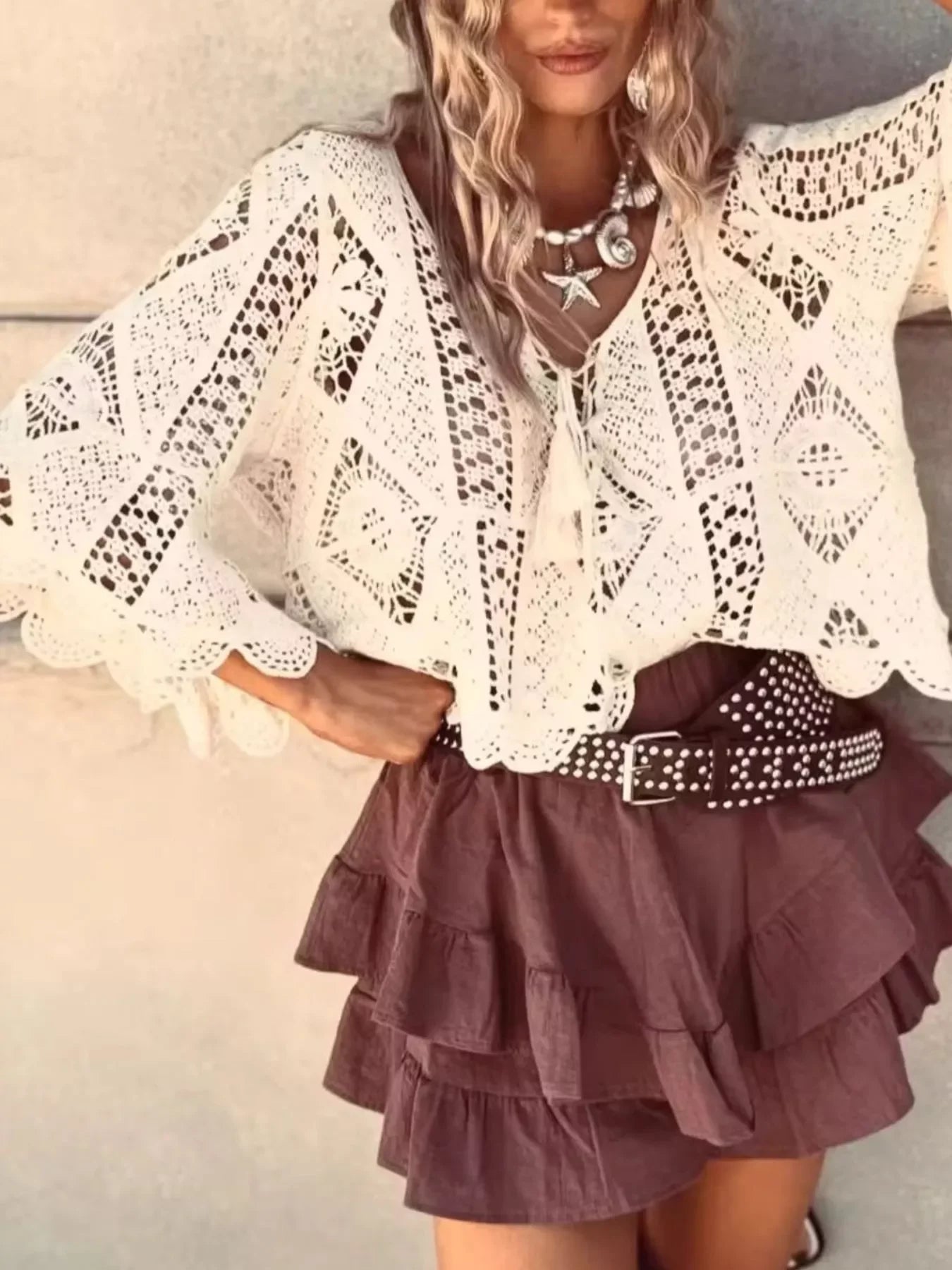 Lace Tassel V-Neck Crochet Knit Top With Openwork Boho Style - Southern Shores Clothing