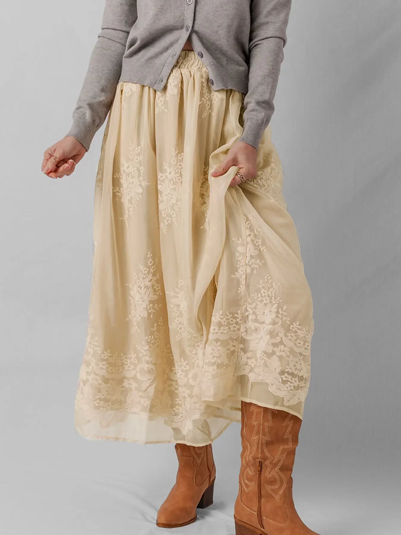 Flowing Embroidered Mesh Overlay Midi Skirt - Southern Shores Clothing