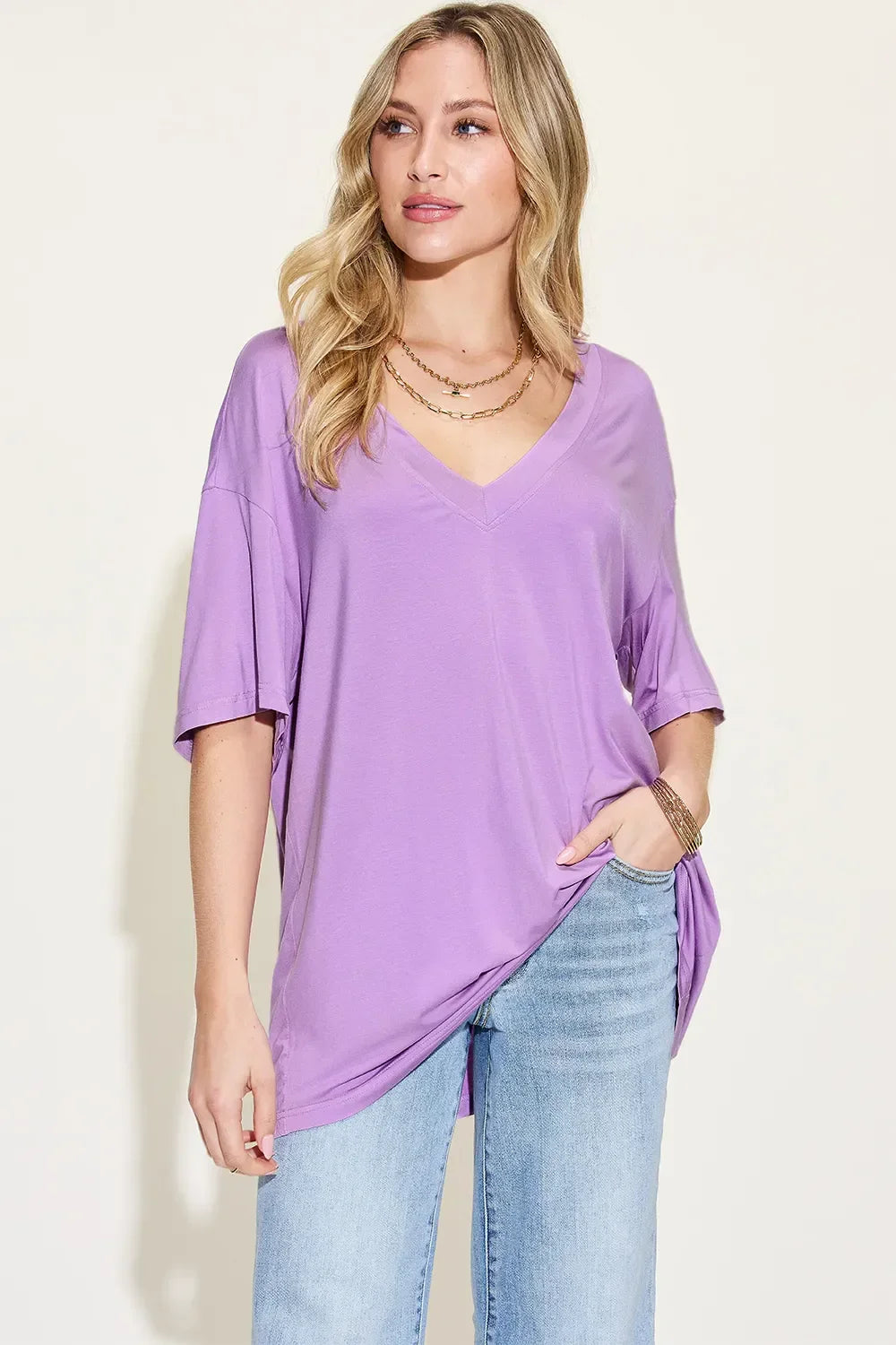 Basic Bae Full Size Bamboo V-Neck Drop Shoulder T-Shirt - Southern Shores Clothing
