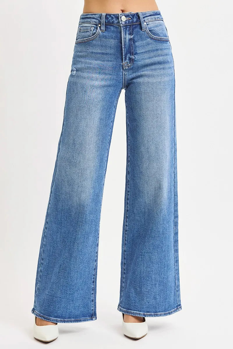 Beach Style Risen High Rise Wide Leg Jeans Plus Size