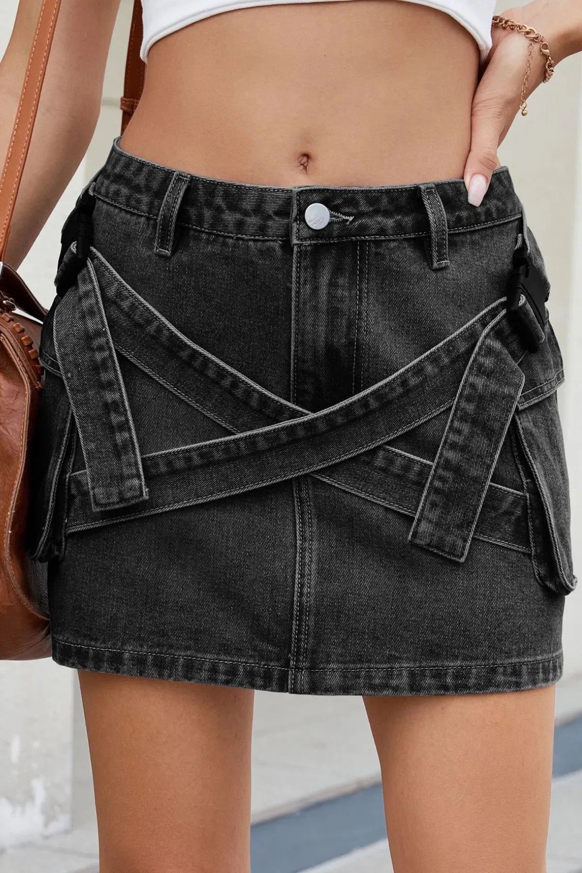 Denim Mini Skirt With Criss-Cross Waist Detail - Southern Shores Clothing