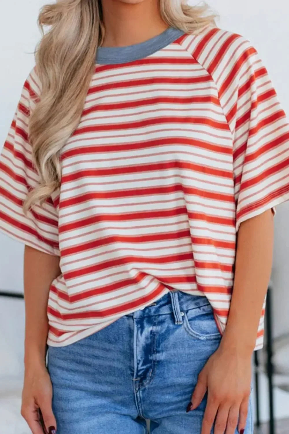 Stripe Print Contrast Collar Raglan Sleeve T Shirt - Southern Shores Clothing