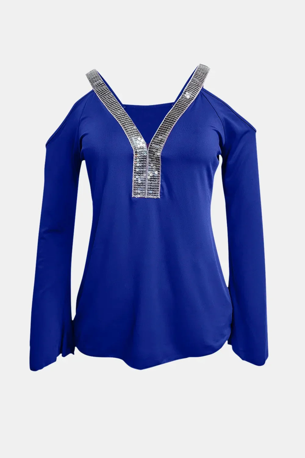 Sequin V-Neck Cold Shoulder Top With Stretchy Fabric - Southern Shores Clothing