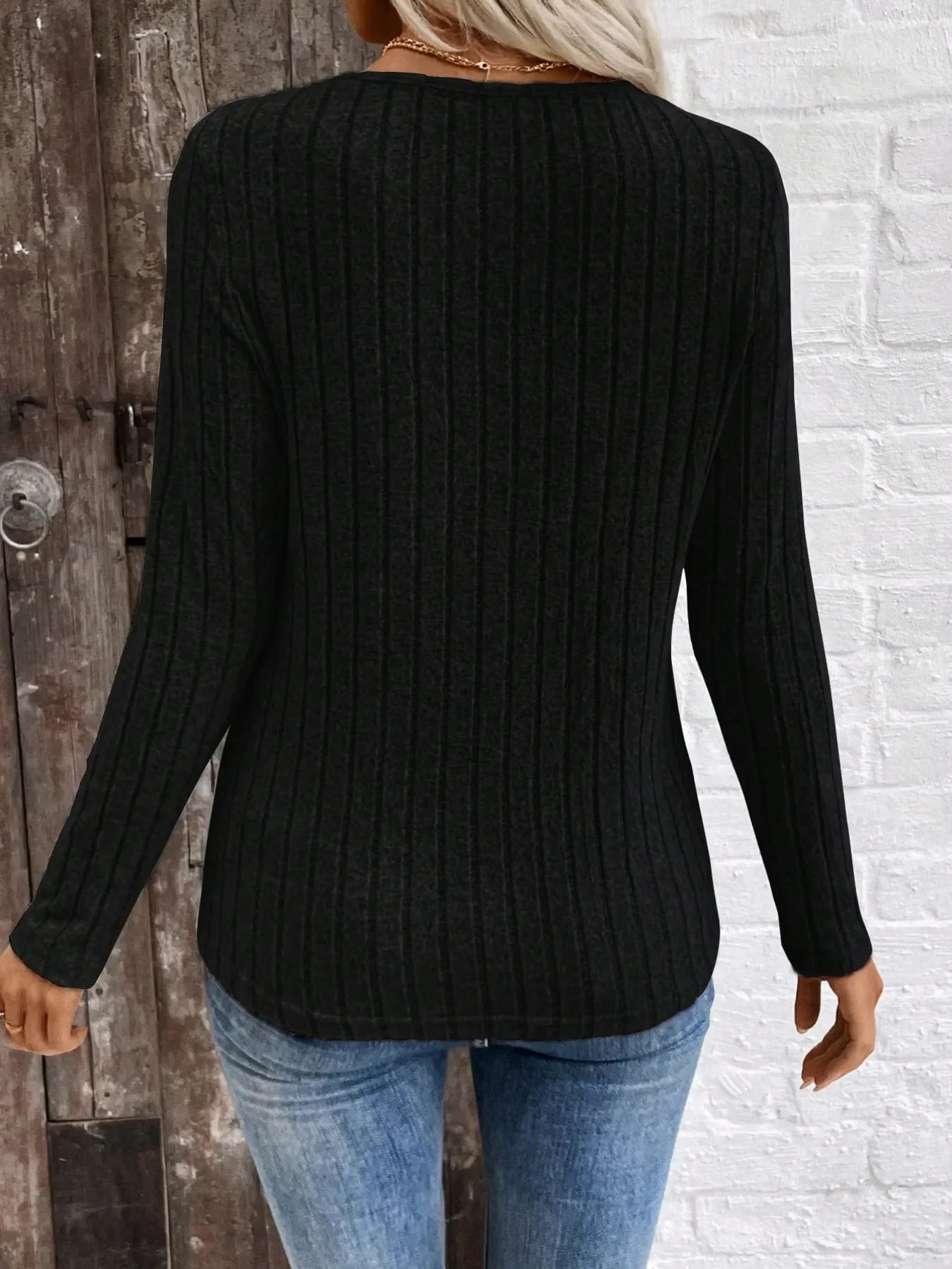 Ribbed V-Neck Long Sleeve Knit T-Shirt - Southern Shores Clothing
