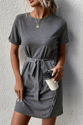 Decorative Button Tie Waist Cuffed Sleeve Tee Dress - Southern Shores Clothing