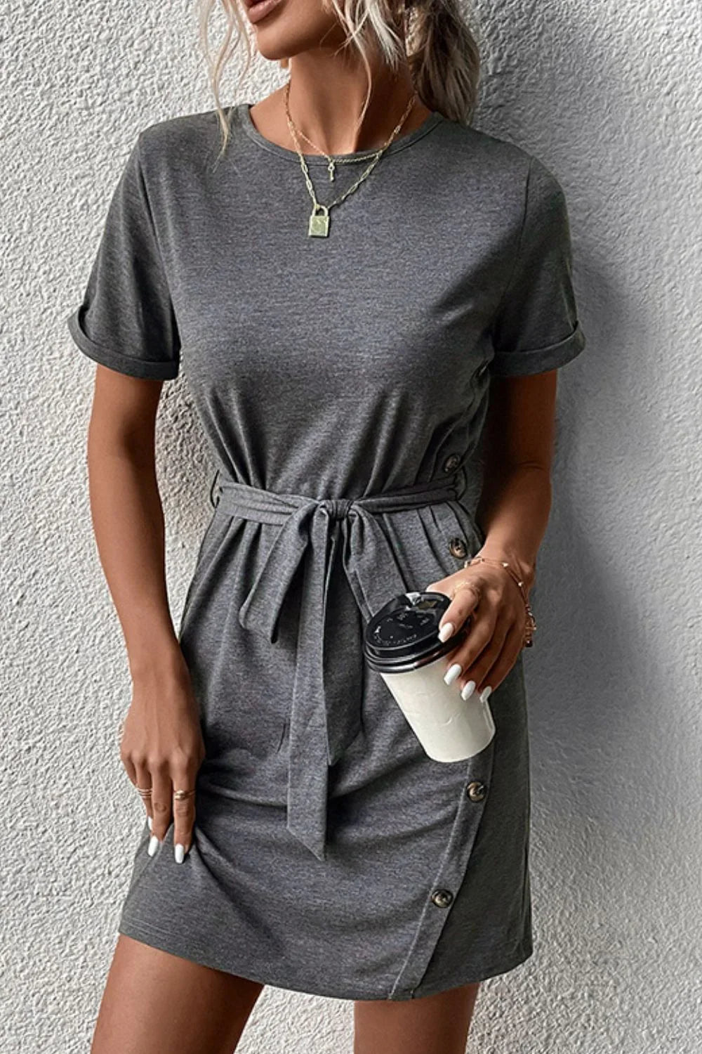 Decorative Button Tie Waist Cuffed Sleeve Tee Dress - Southern Shores Clothing