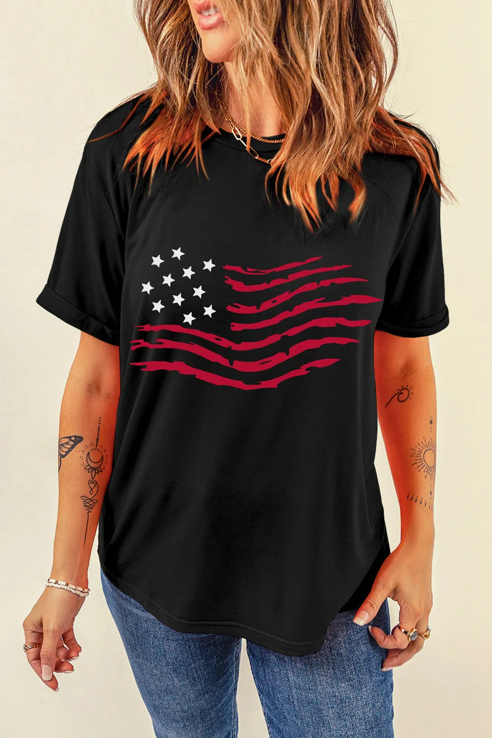 SYNZ Women's US Flag Round Neck Short Sleeve T-Shirt
