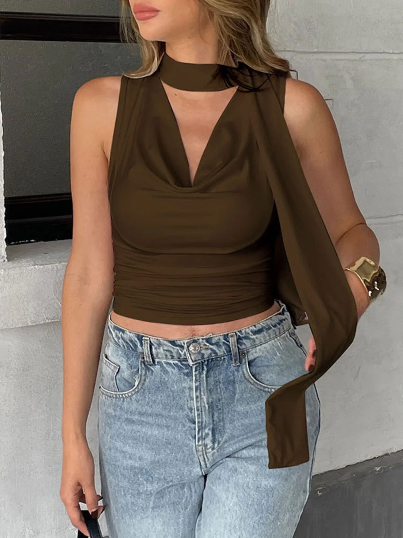 Ruched Cowl Neck Cami Top With Slight Stretch Slim Fit Silhouette - Southern Shores Clothing