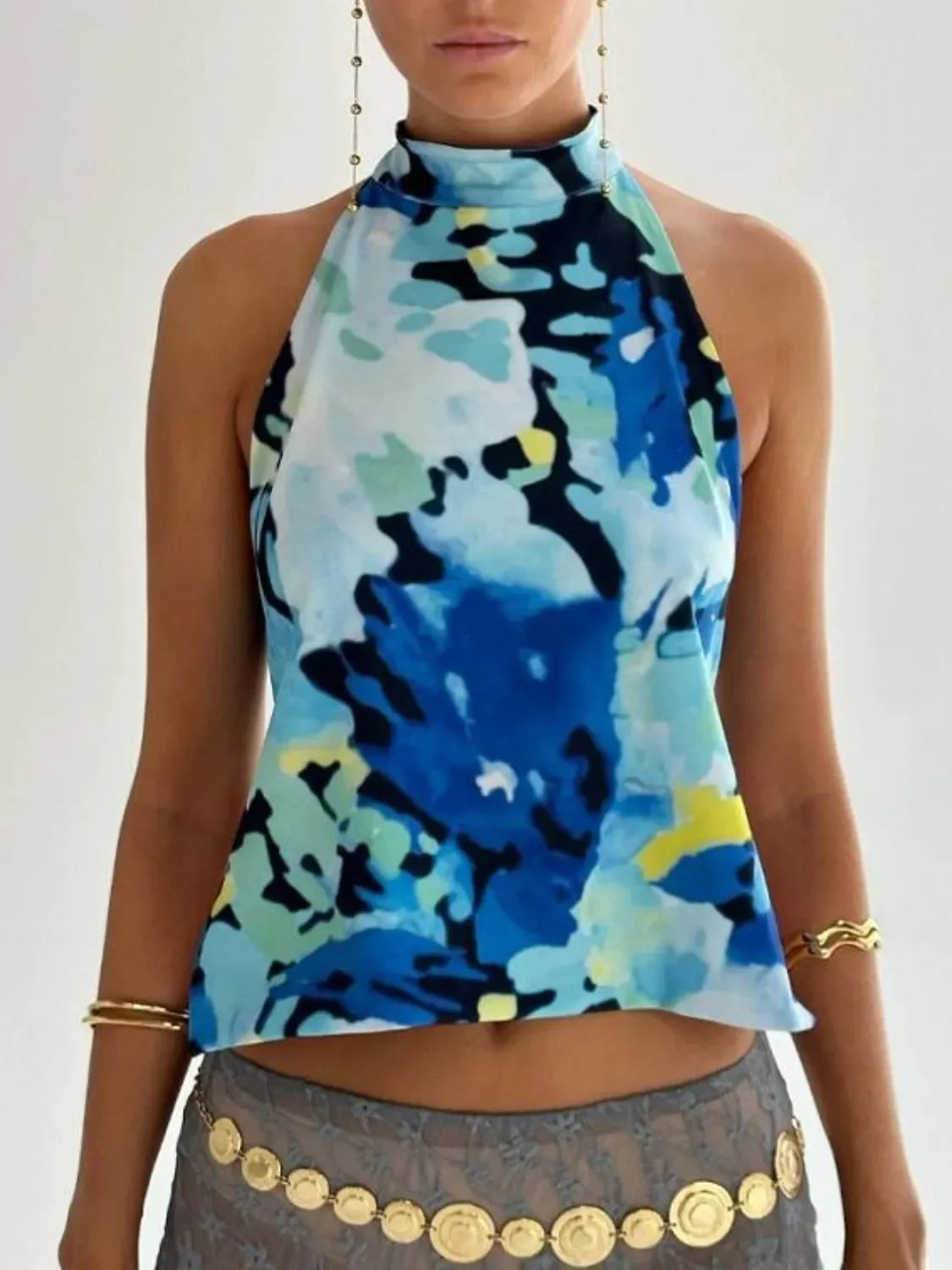 Backless Printed Halter Neck Tank Top With Slight Stretch - Southern Shores Clothing