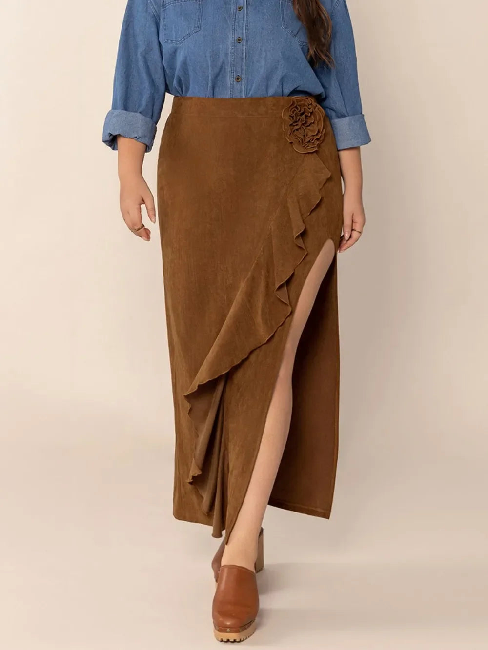 Plus Size Ruffled Slit High Rise Skirt Silhouette - Southern Shores Clothing