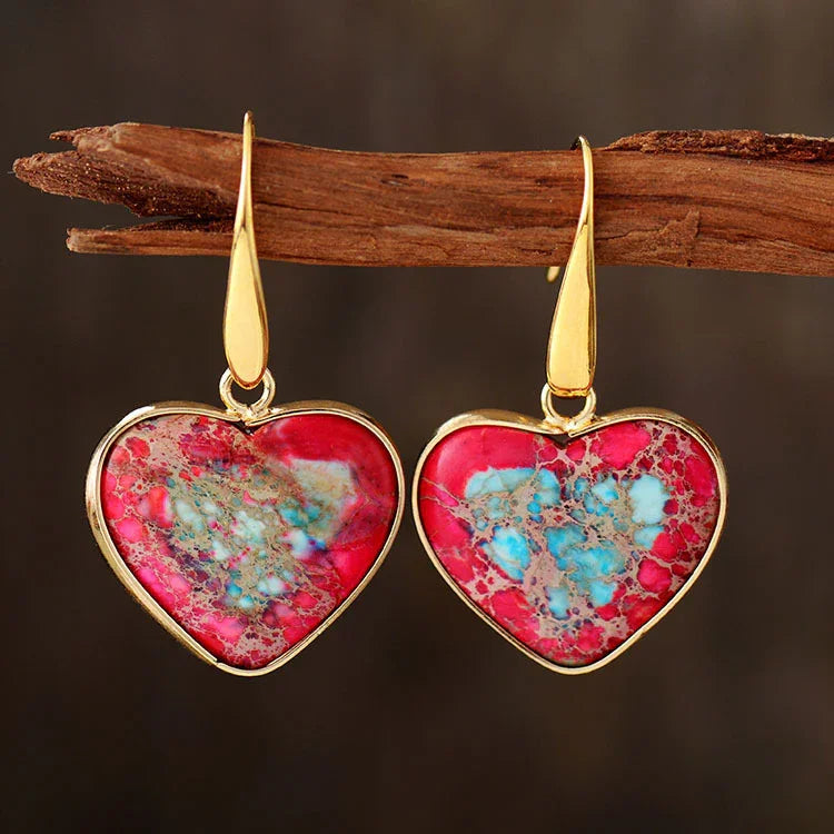 14K Gold-Plated Natural Stone Heart Drop Earrings - Southern Shores Clothing