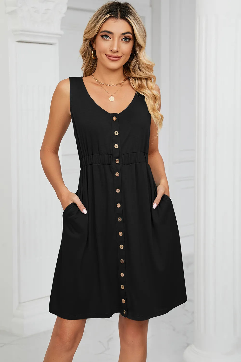 Buttoned Wide Strap Mini Dress - Southern Shores Clothing