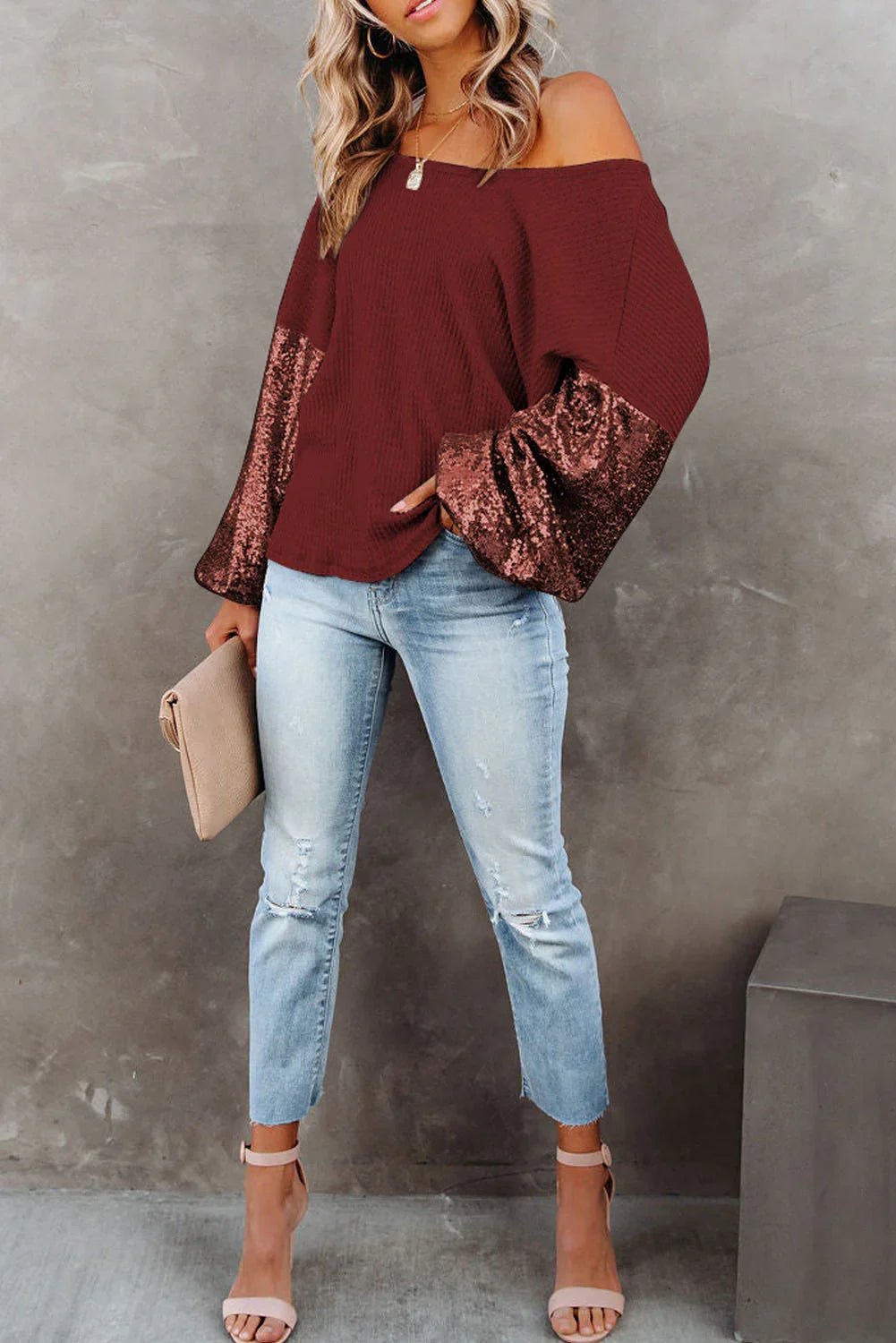 Southern Shores Clothing Sequin Waffle Knit Blouse In 100 Percent Polyester Fabric For Everyday Wear - Southern Shores Clothing
